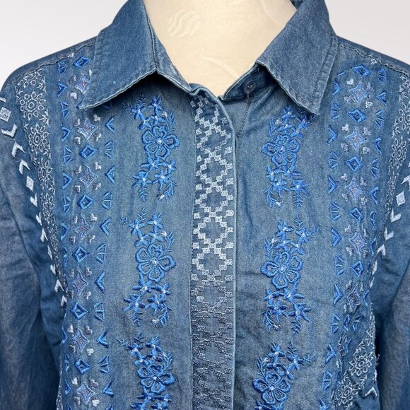 Vintage Y2K American Sweetheart Embroidered Denim Shirt Blue Button Up Western L - Picture 2 of 10